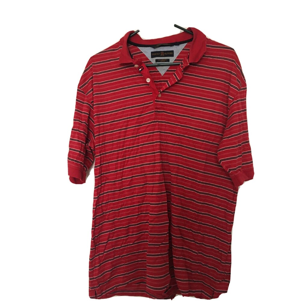 Tommy Hilfiger Men's Red Blue Striped Short Sleeve Polo Shirt Size Large